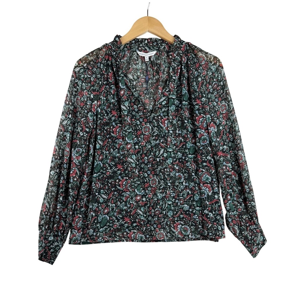 Rebecca Minkoff Floral Print Tie Neck Long Sleeve Blouse size Small Black/Green